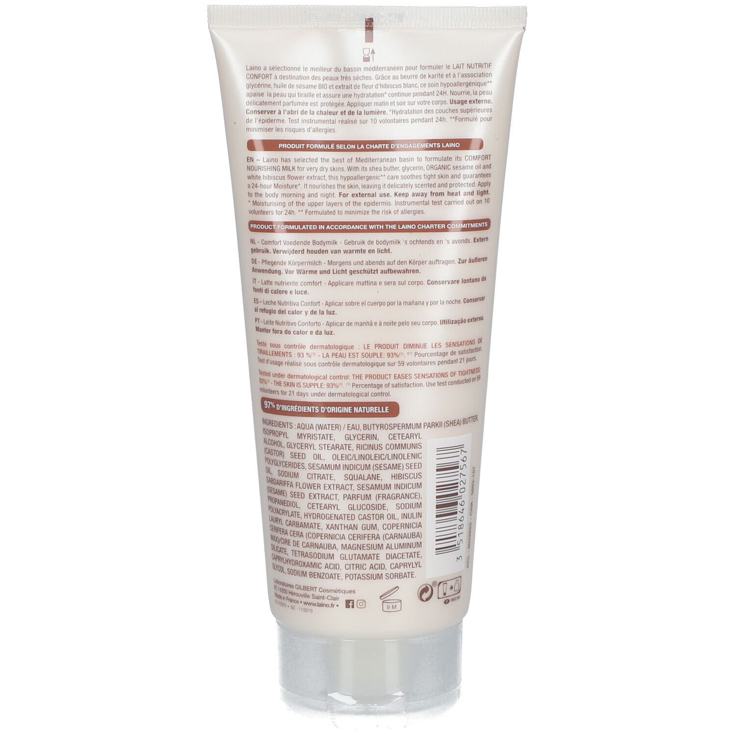 Tube de crème avec informations produit. Tube beige avec bouchon blanc. Texte multilingue.