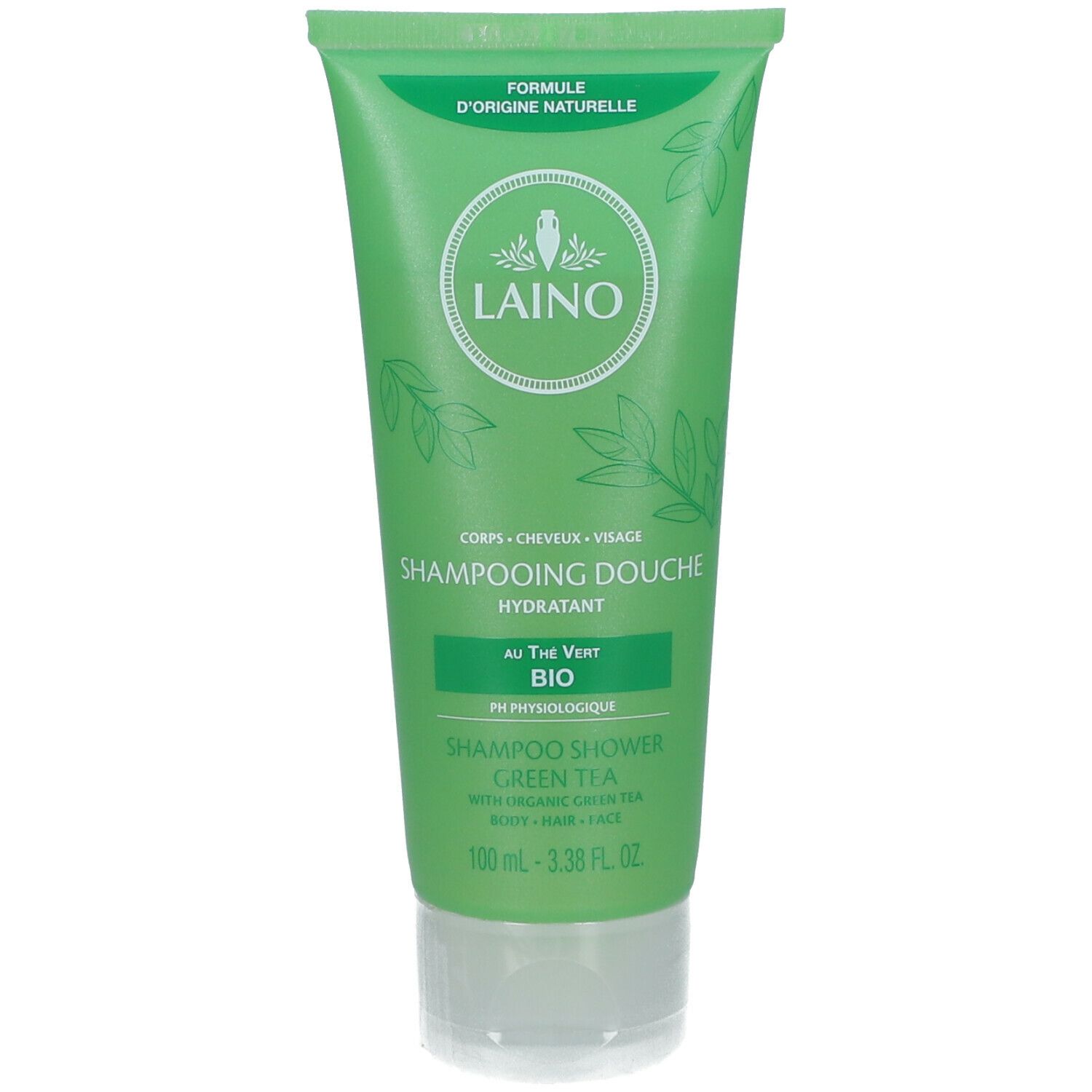 Tube vert de shampooing douche. Inscription: LAINO, Thé Vert Bio. Contenance: 100 ml.