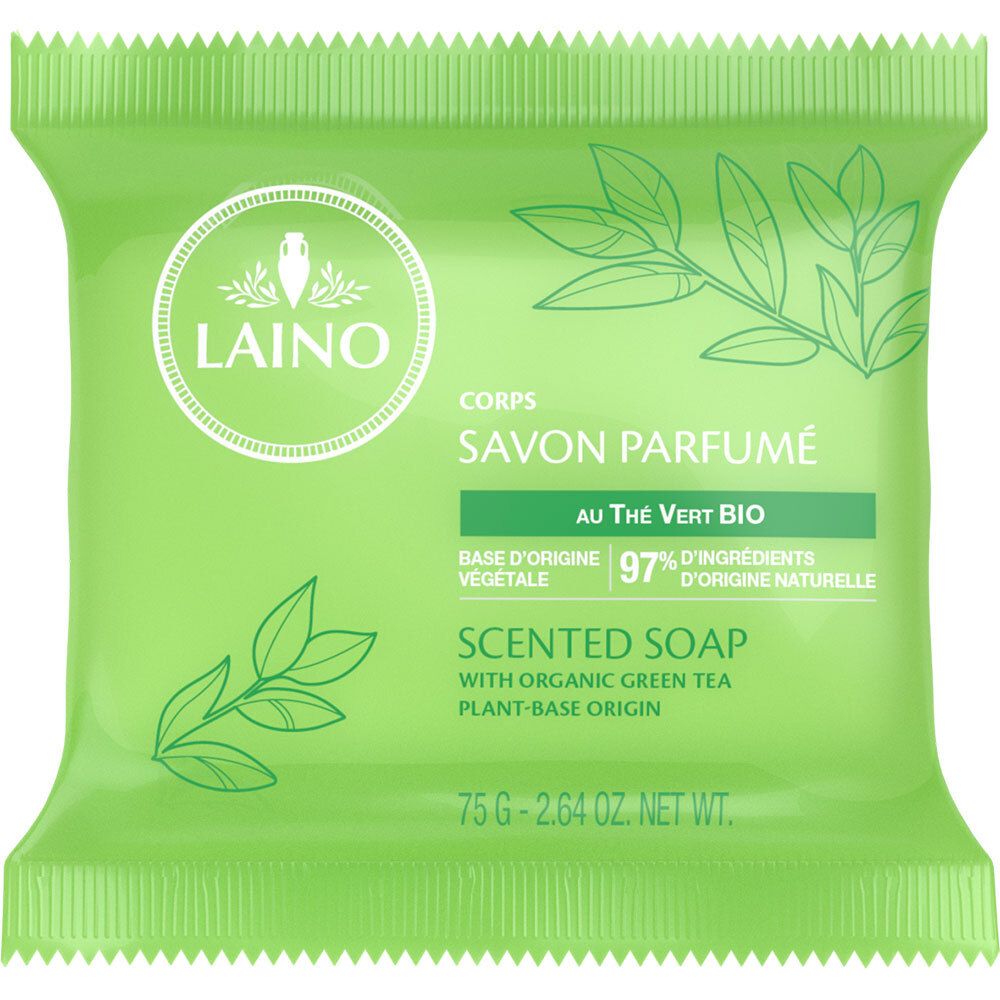 Savon vert emballé. Inscriptions: Laino, Savon Parfumé, Thé Vert Bio, 97% d'ingrédients d'origine naturelle.
