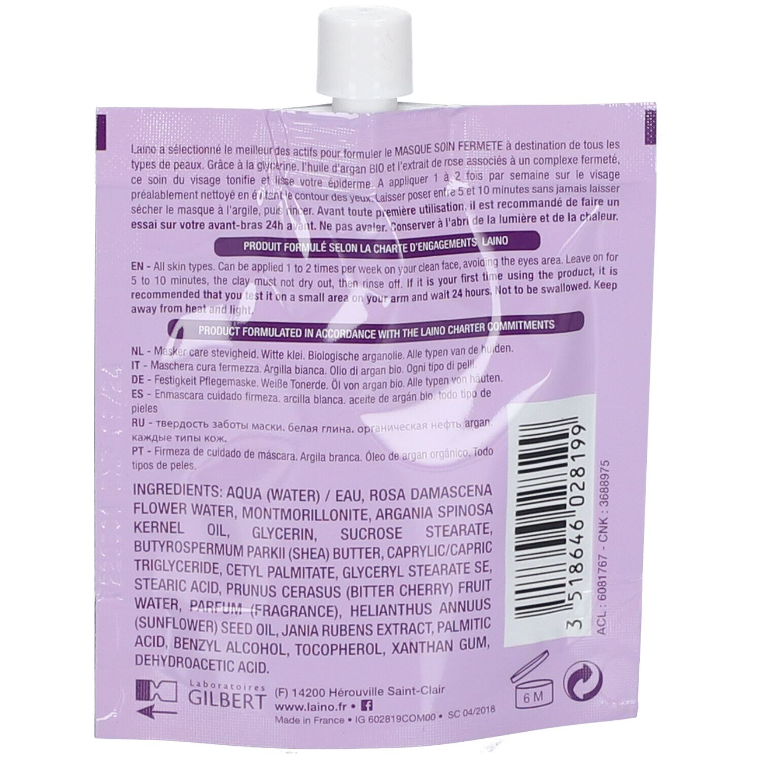 Sachet avec bouchon blanc. Texte: MASQUE SOIN FERMETÉ. Ingrédients et informations imprimés. Marque: Gilbert.