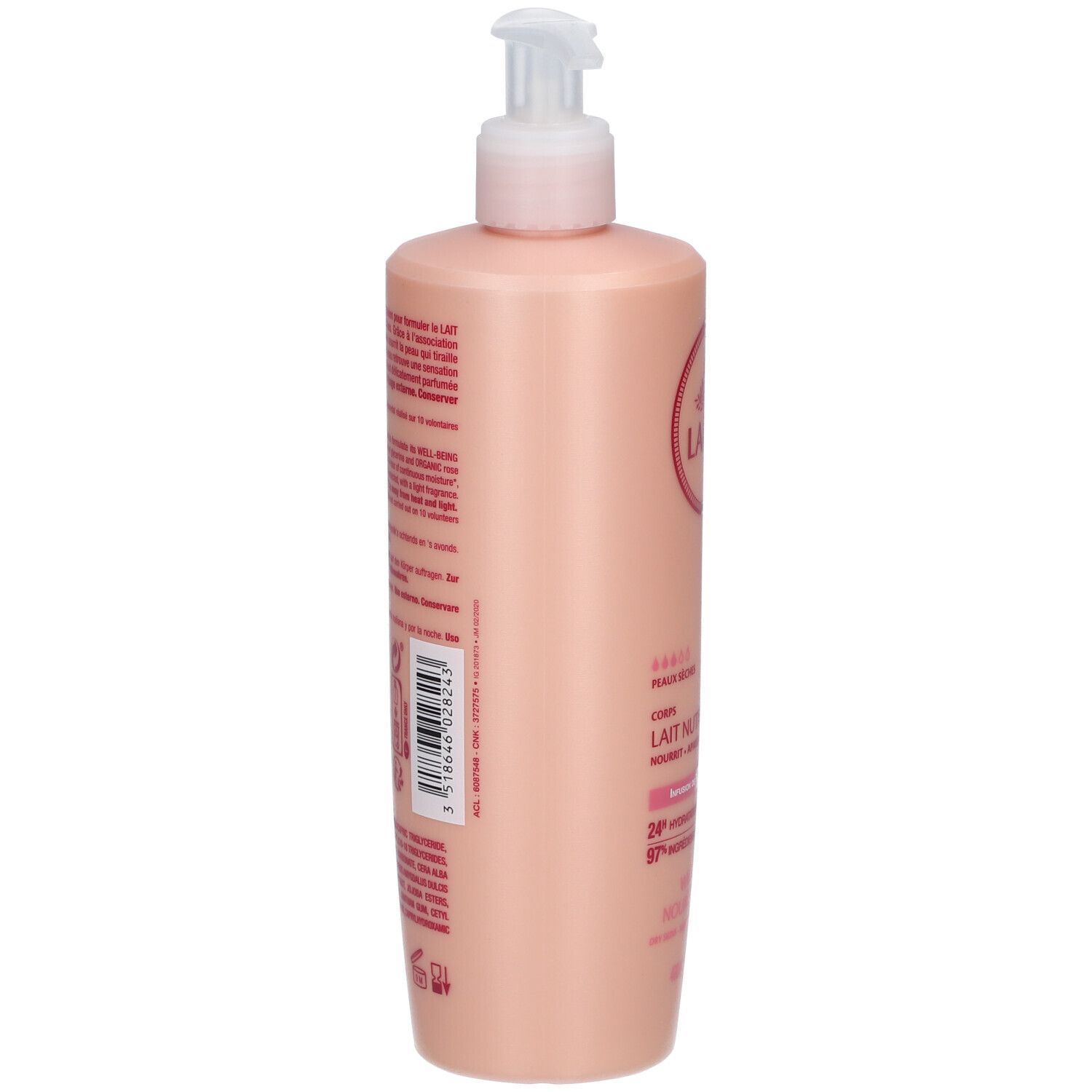 Flacon rose, vue latérale. Texte et code-barres. Nom du produit et ingrédients imprimés.