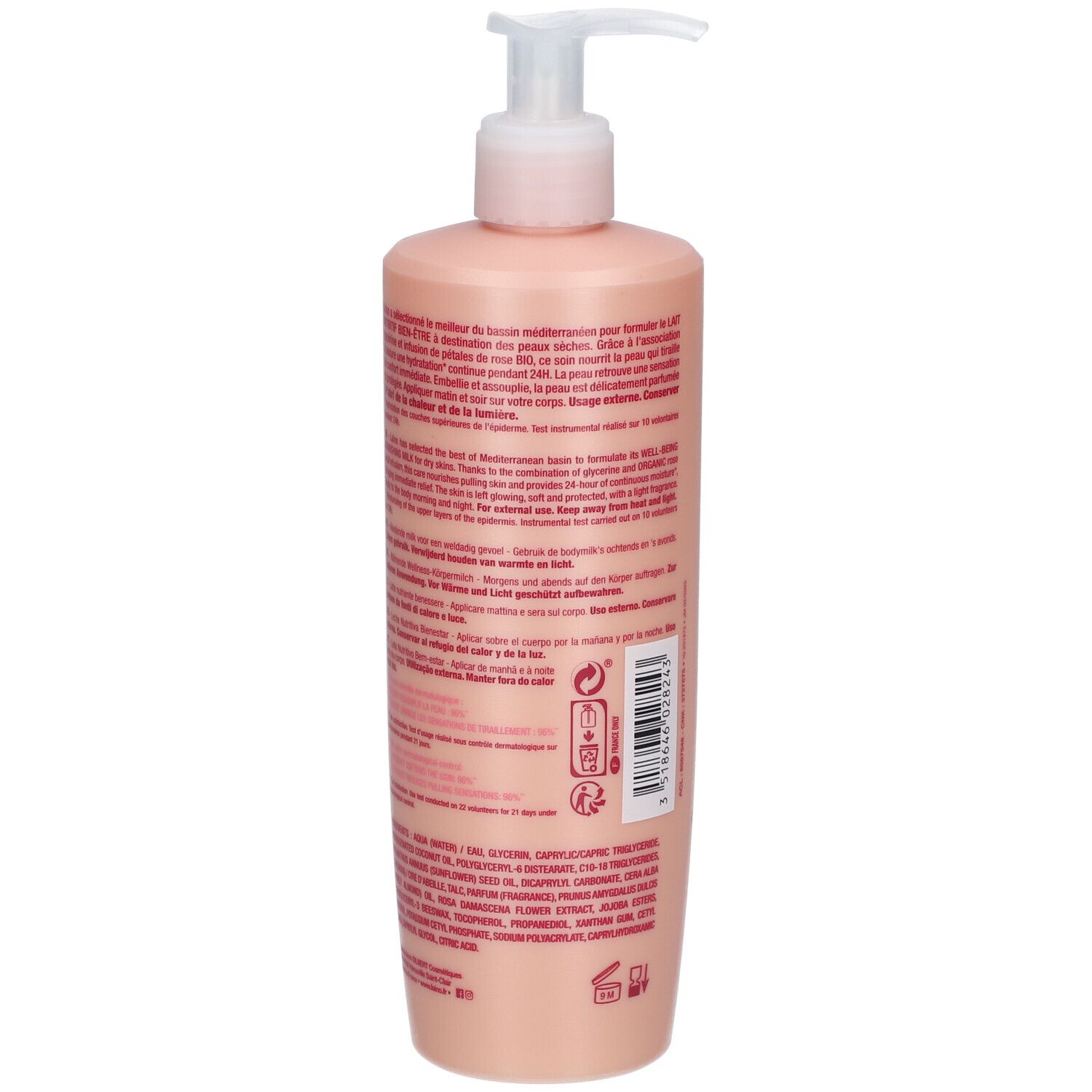 Flacon rose, vue arrière. Texte avec informations produit et ingrédients. Code-barres et symboles.