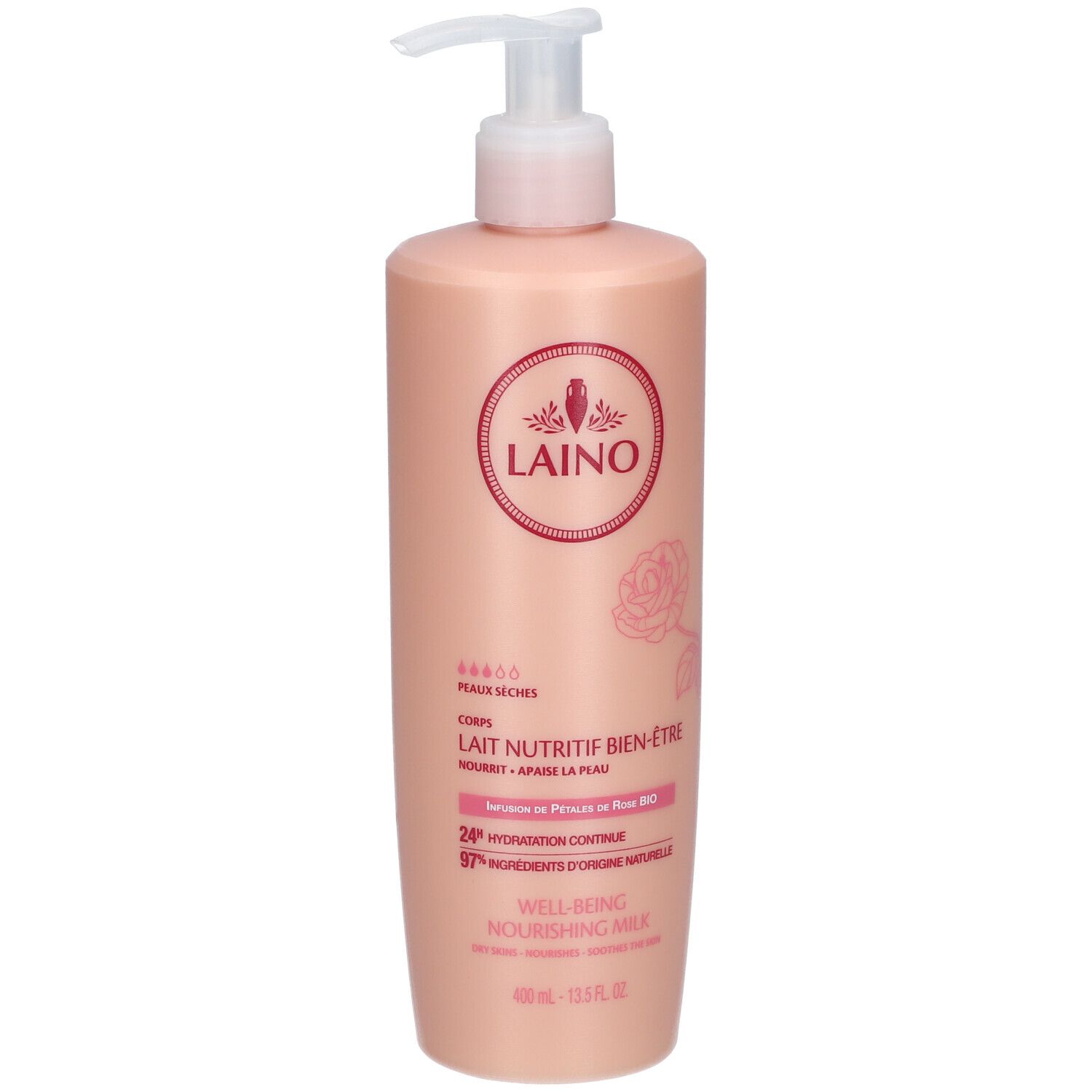 Flacon rose avec pompe. Logo LAINO et nom du produit. Texte: Lait nutritif bien-être, 24h Hydratation continue.