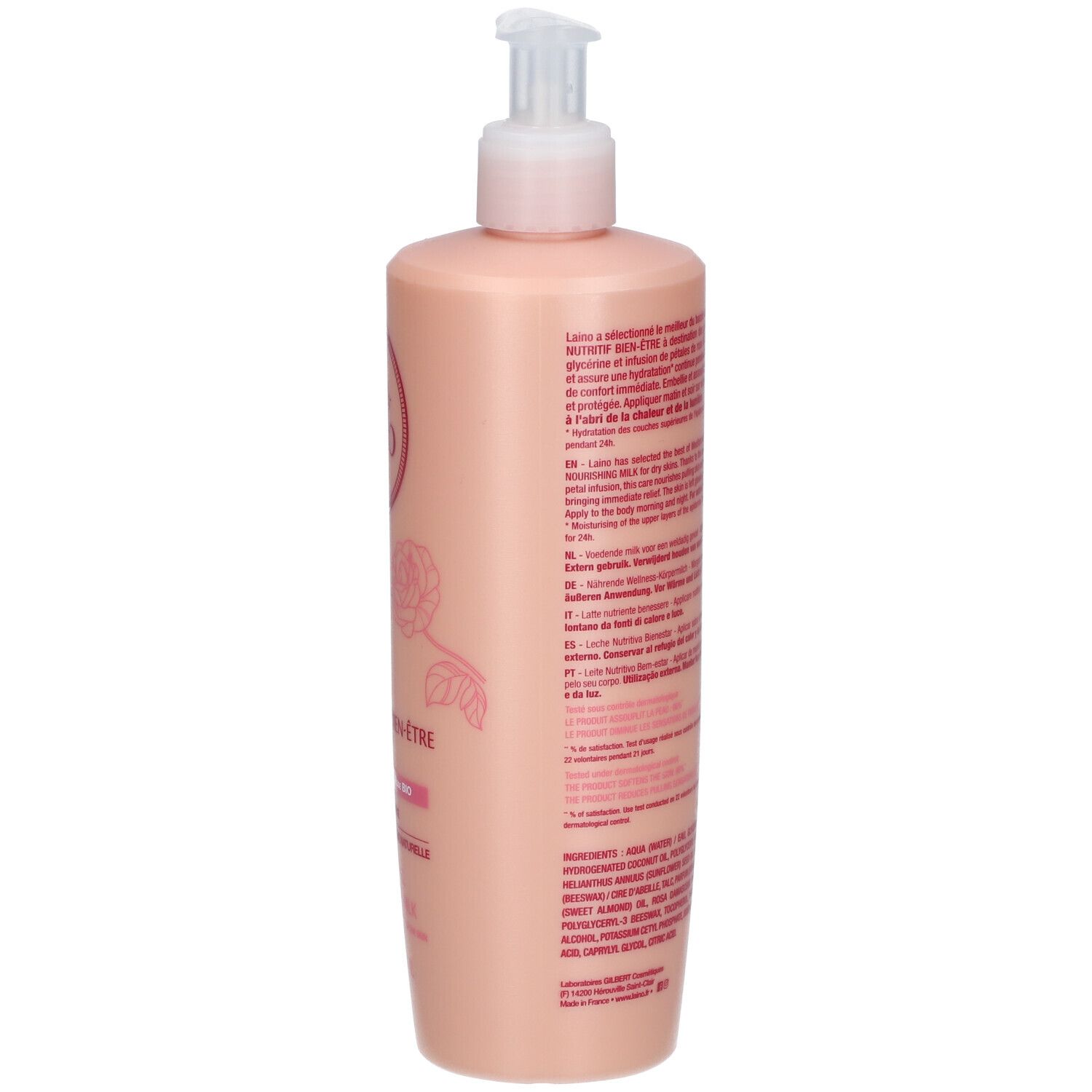 Flacon rose, vue latérale. Texte avec informations produit et ingrédients. Code-barres et symboles.