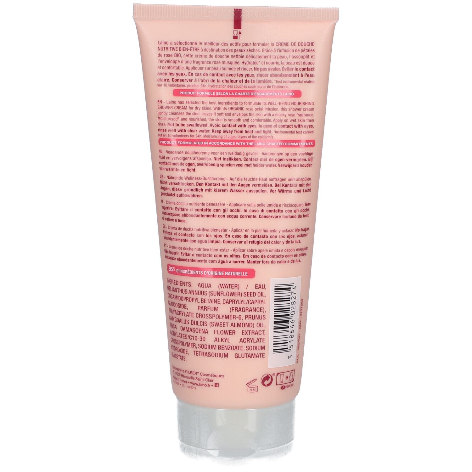Dos du tube rose. Texte en plusieurs langues. Ingrédients et informations fabricant.