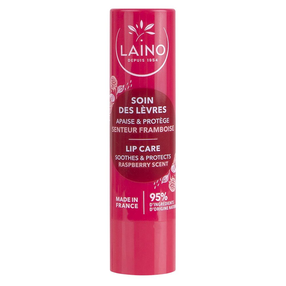 Stick de soin des lèvres rouge avec texte. Logo LAINO, « Soin des lèvres », parfum framboise, 95% ingrédients d'origine naturelle. Fabriqué en France.