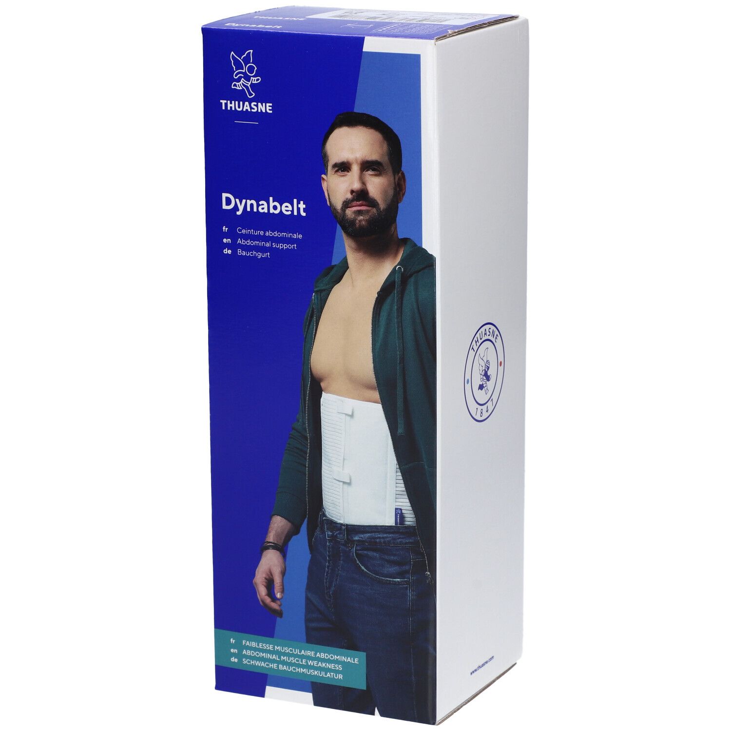Boîte de Dynabelt. Un homme porte le produit. Le produit est une ceinture abdominale. Le logo Thuasne est visible.