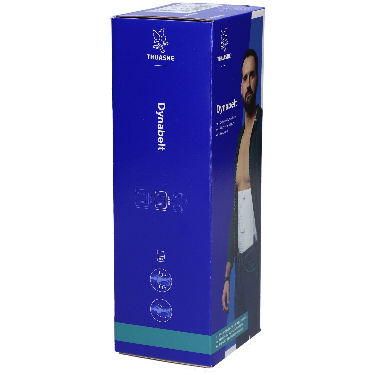 Boîte bleue de Dynabelt. Un homme porte le produit. Le produit est une ceinture abdominale. Logo Thuasne visible.