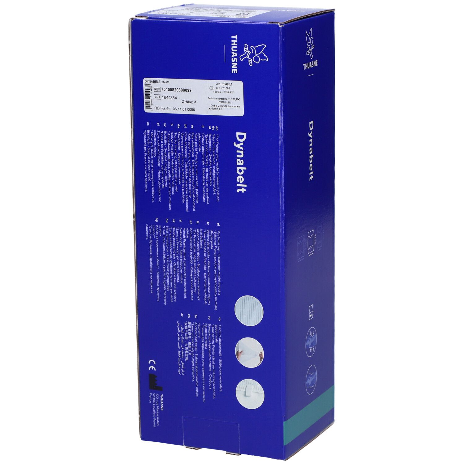 Boîte bleue de Dynabelt. Informations et logos sur l'emballage. Le produit est une ceinture abdominale. Logo Thuasne visible.