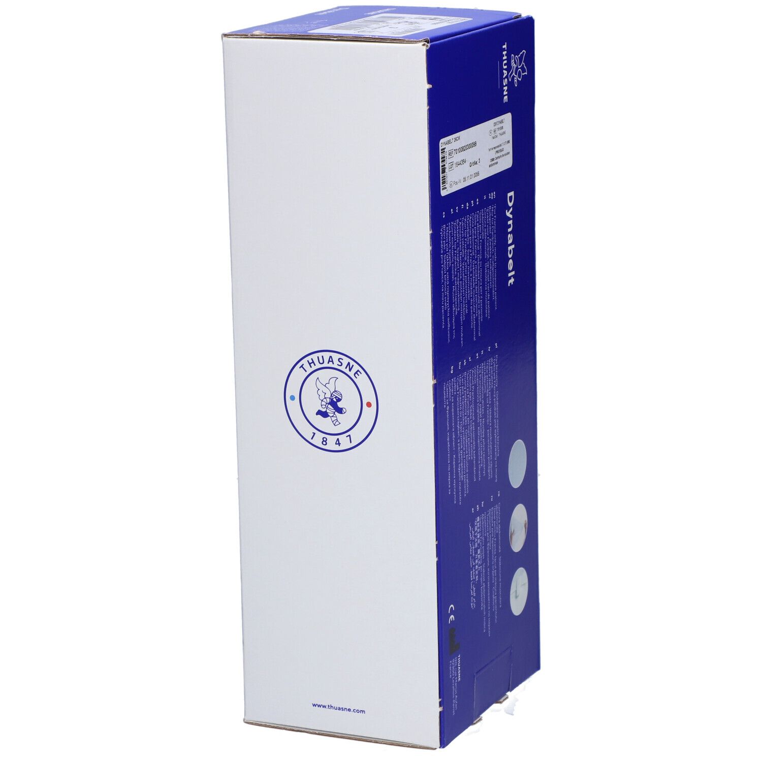 Boîte blanche de Dynabelt. Informations et logos sur l'emballage. Le produit est une ceinture abdominale. Logo Thuasne visible.
