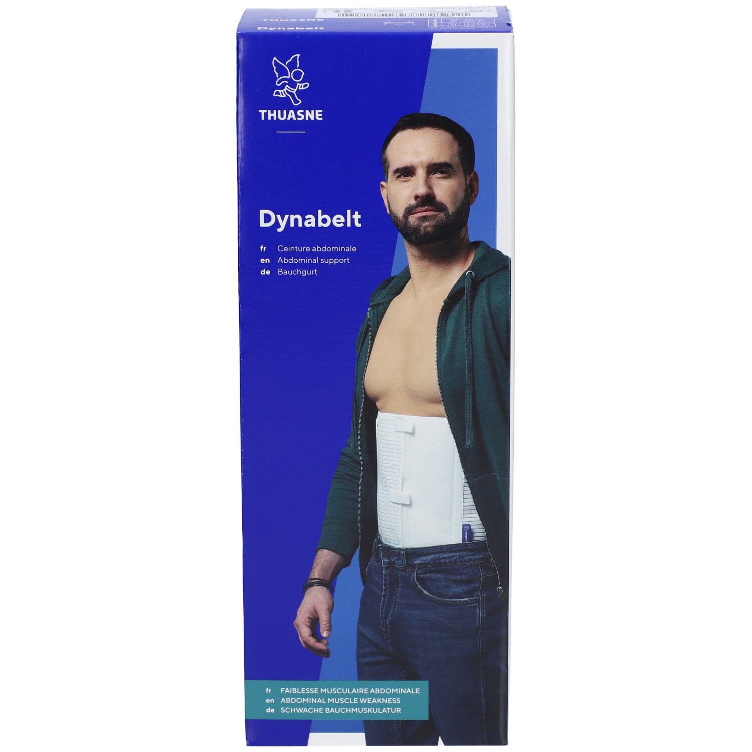 Boîte de Dynabelt. Un homme porte le produit. Le produit est une ceinture abdominale. Logo Thuasne visible.