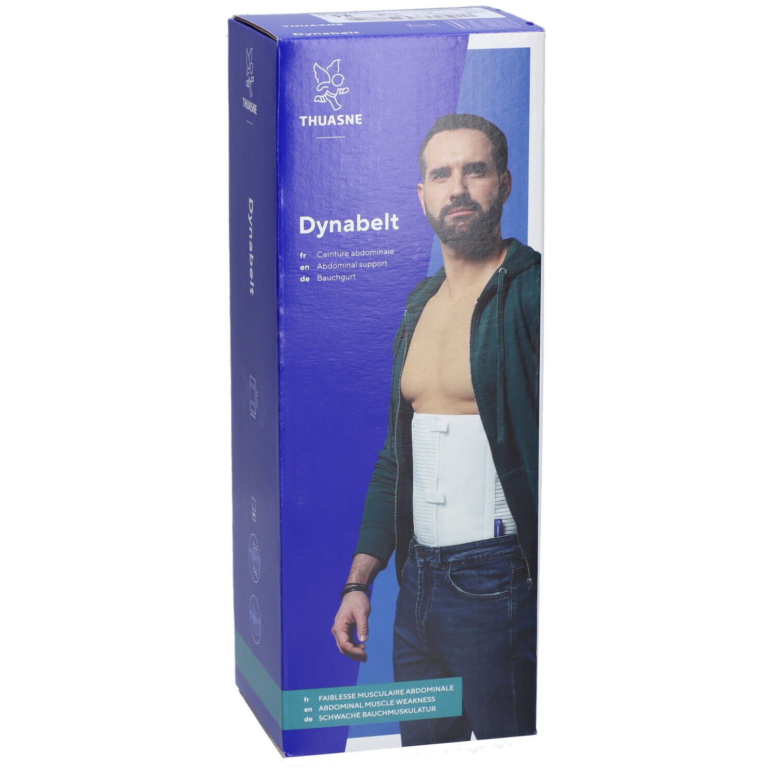Boîte de Dynabelt. Un homme porte le produit. Le produit est une ceinture abdominale. Logo Thuasne visible.