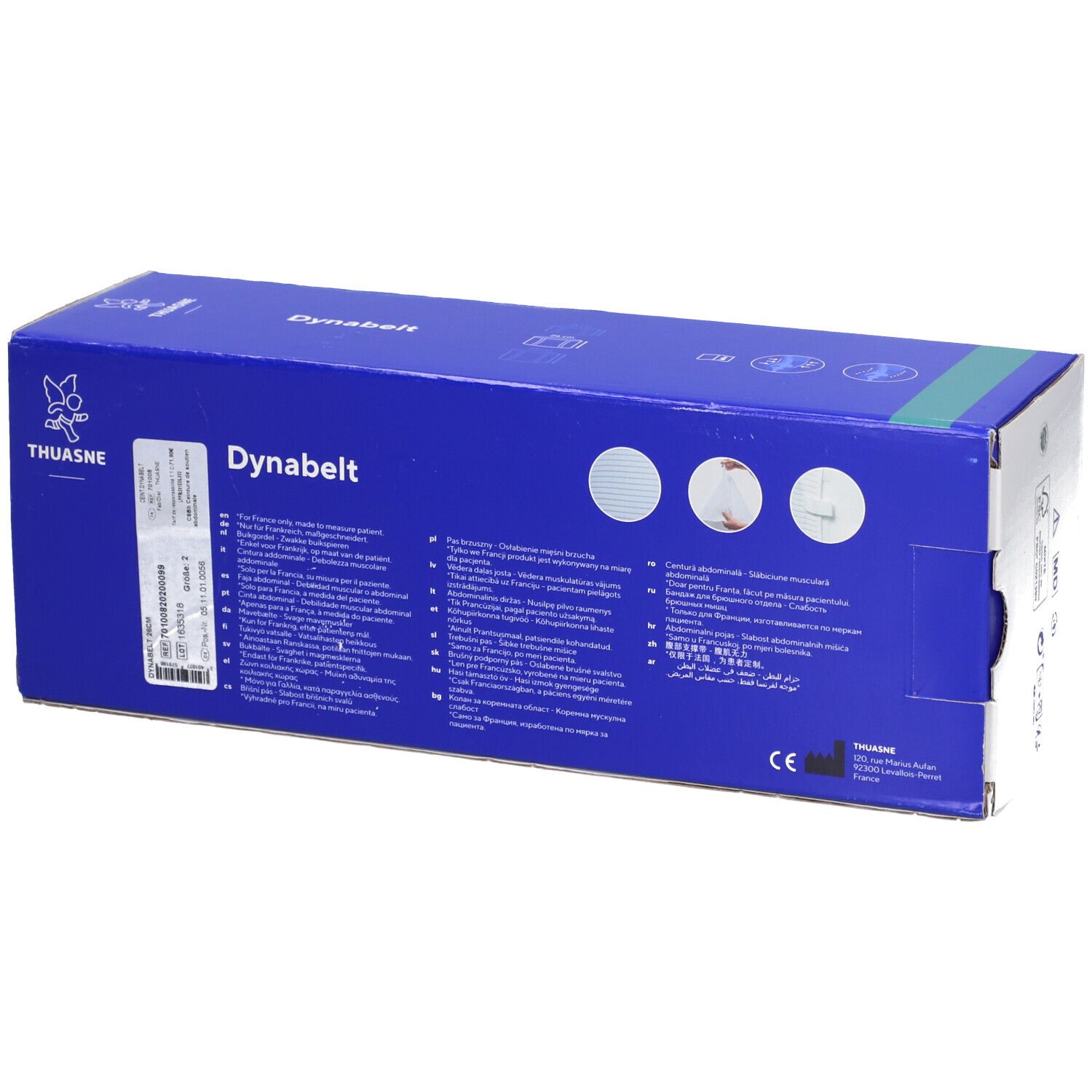 Emballage DYNABELT, dos. Informations produit, marque THUASNE. Marquage CE.