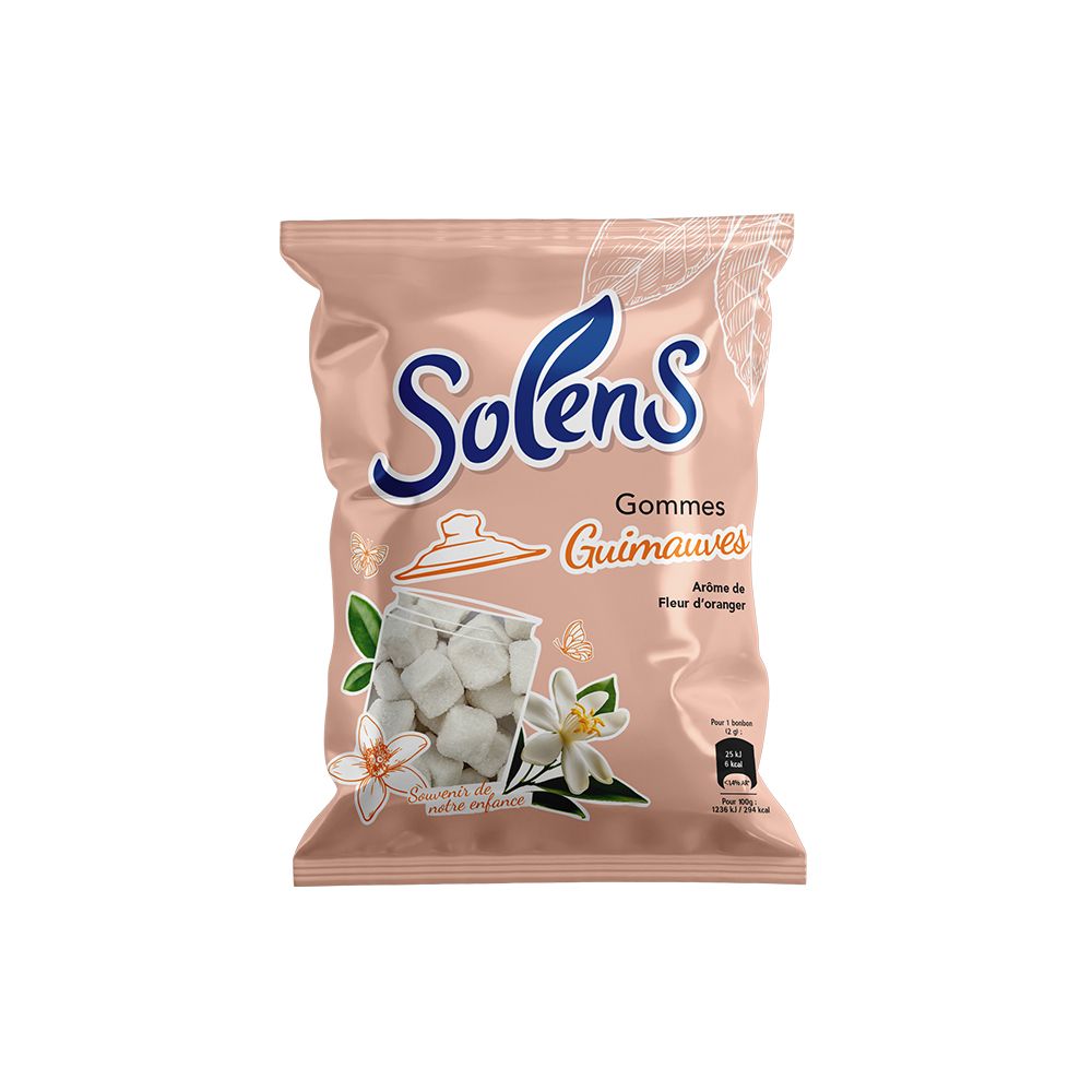 Sachet rose avec logo Solens et texte. Illustration de guimauves, fleurs d'oranger et l'inscription "Gommes Guimauves".