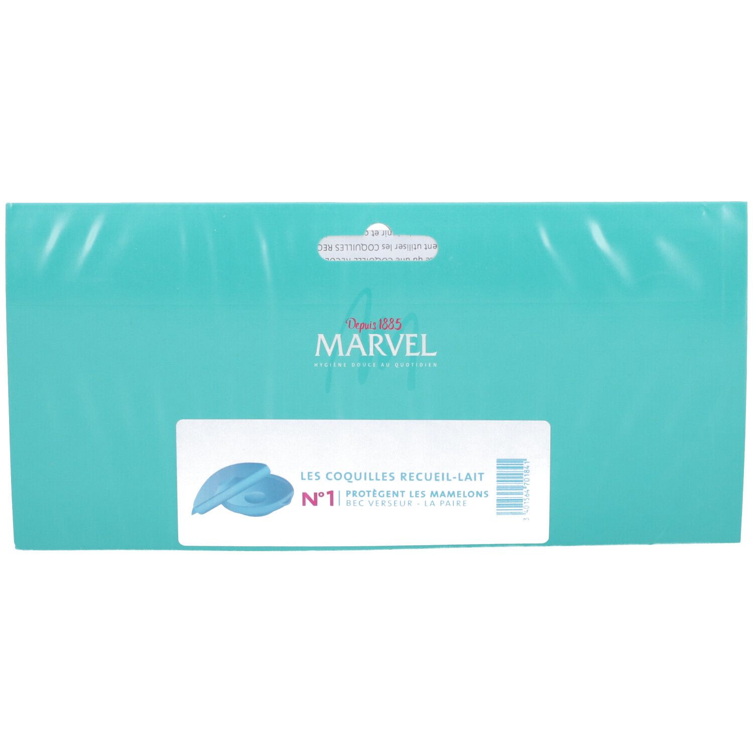 Emballage MARVEL Coquilles Recueil Lait. Turquoise, informations produit et logo.