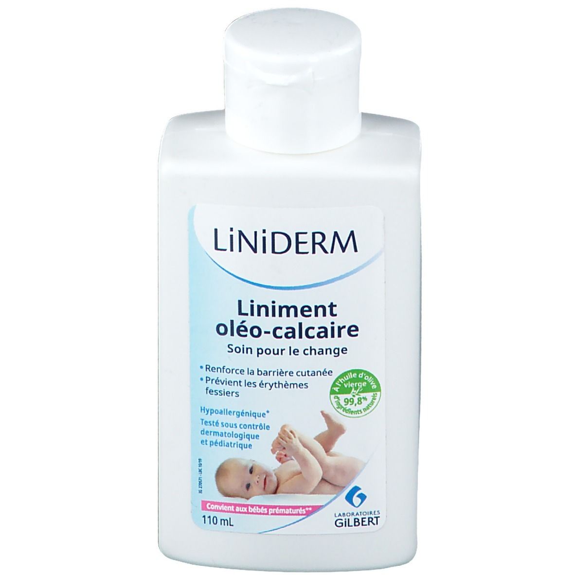 Flacon blanc avec étiquette. Inscription: LiNiDERM, Liniment oléo-calcaire. Illustration bébé. Huile d'olive. Hypoallergénique.