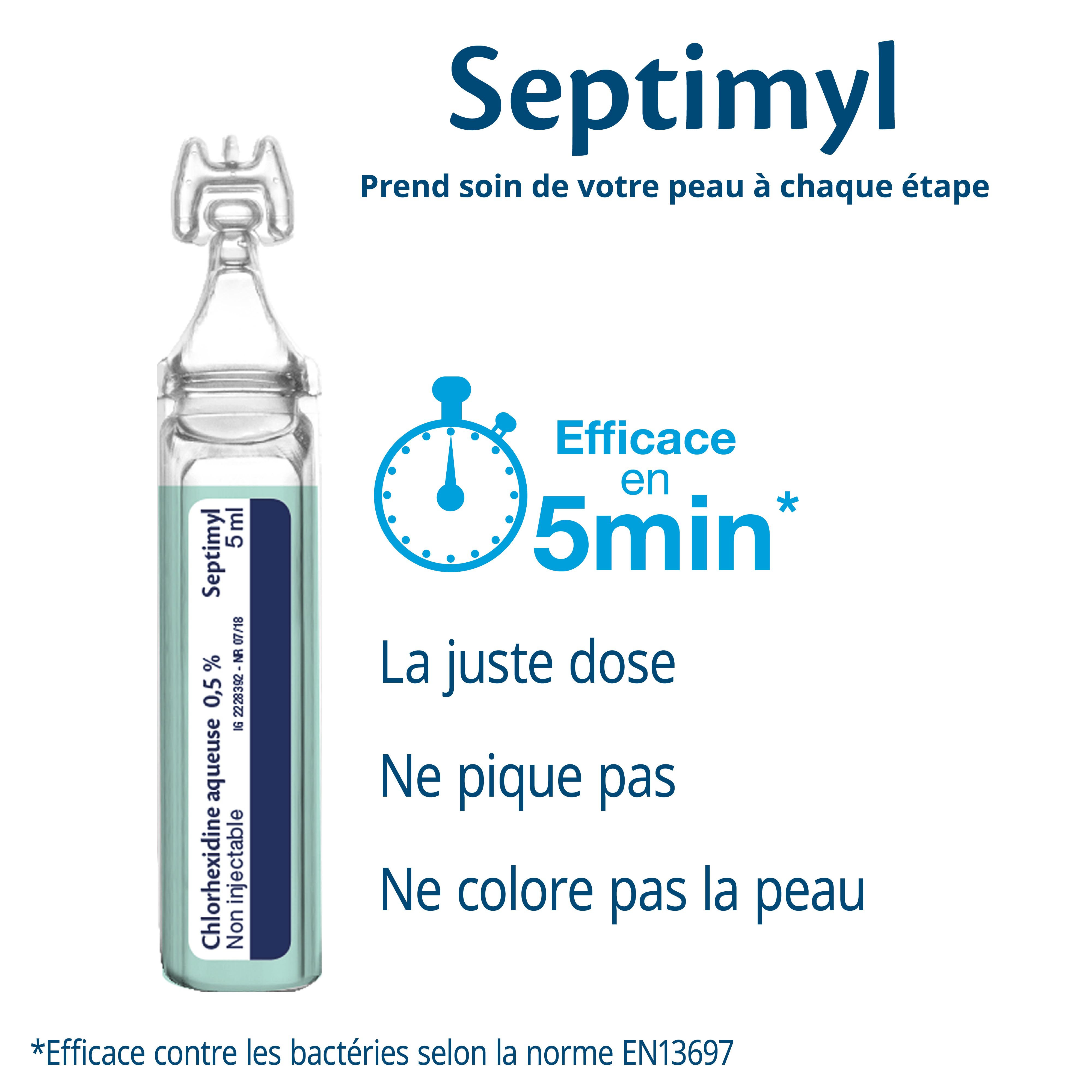 Ampoule Septimyl. Texte: Efficace en 5min. La juste dose. Ne pique pas. Ne colore pas la peau.