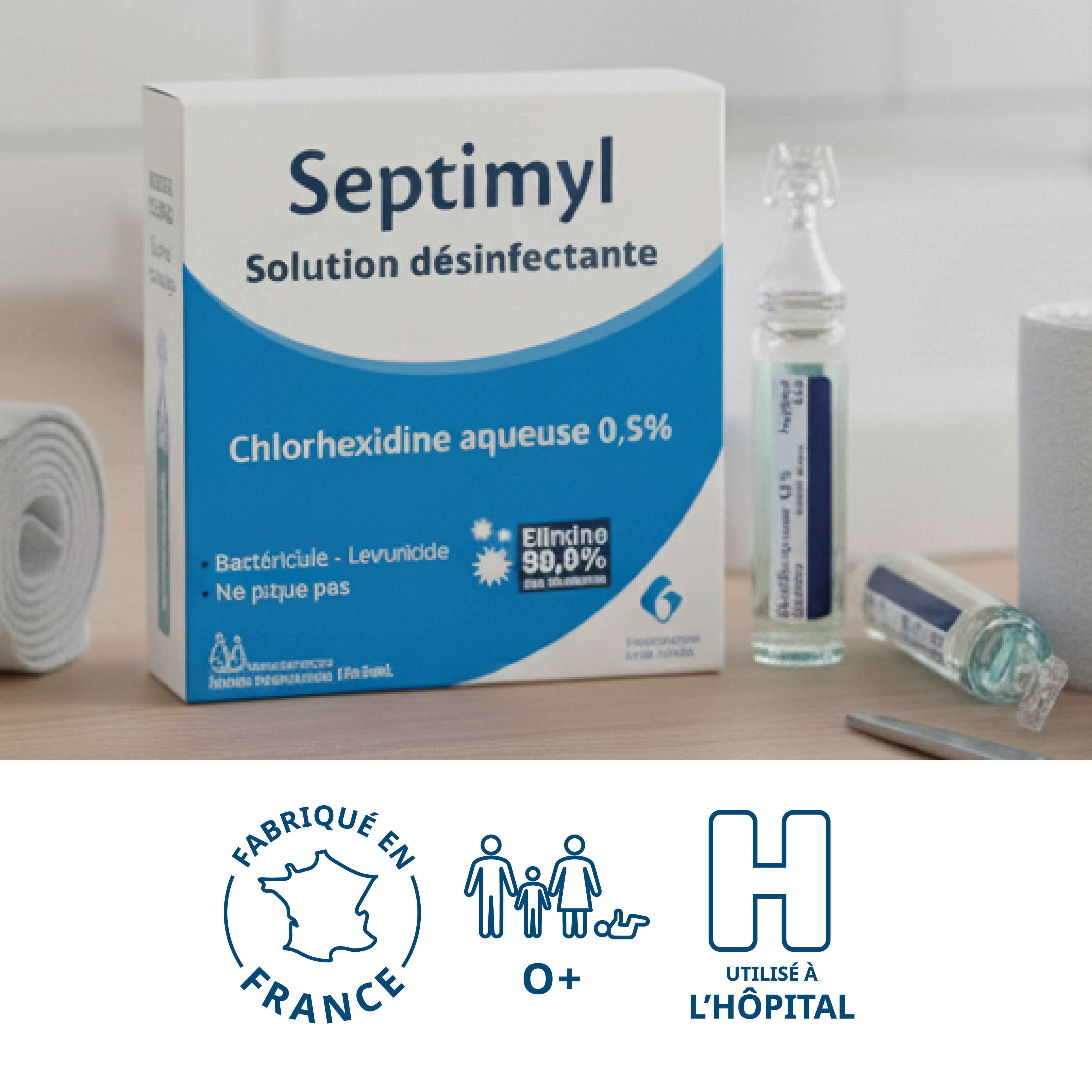 Boîte et ampoule Septimyl. Texte: Solution désinfectante, Chlorhexidine aqueuse 0,5%. Fabriqué en France. Hôpital.
