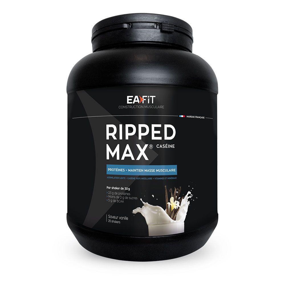 Pot noir EA FIT Ripped Max Caséine saveur vanille. Contient des protéines pour le maintien musculaire.