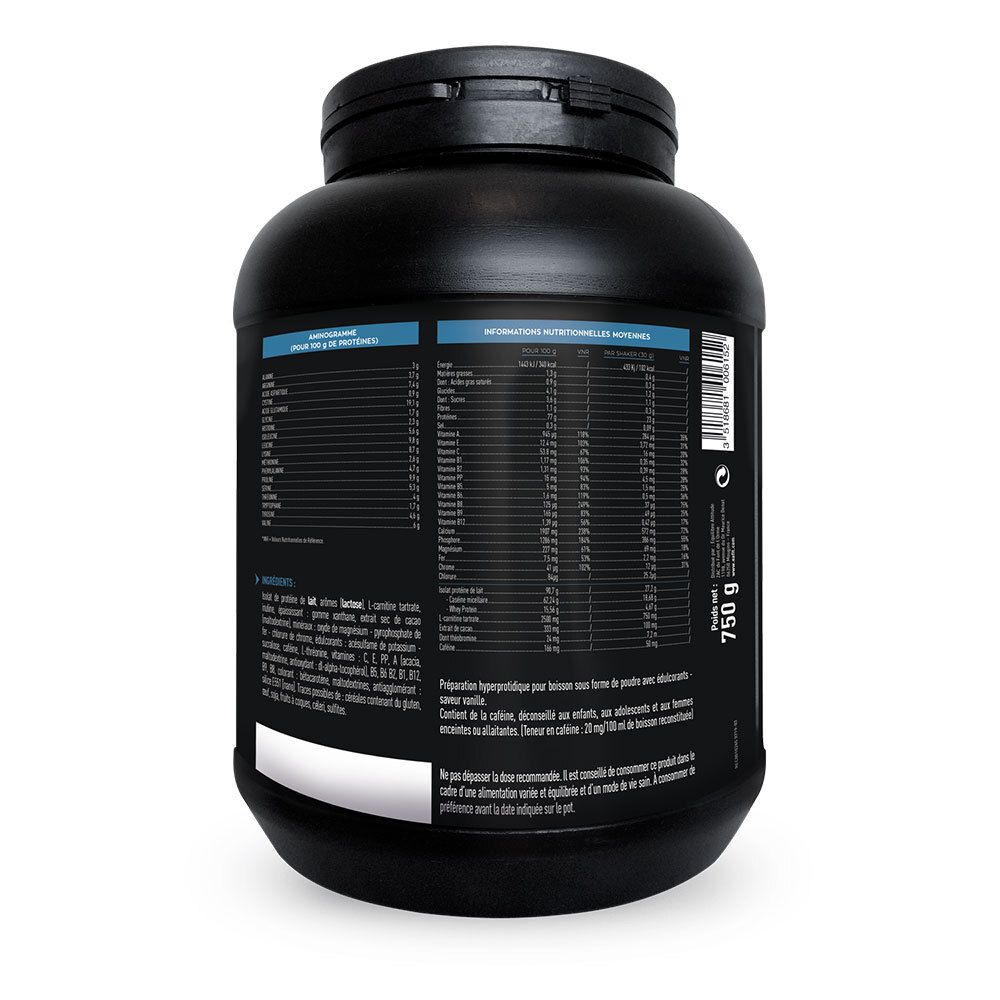 Arrière d'un pot noir avec informations nutritionnelles et détails du produit EA FIT Ripped Max Caséine.