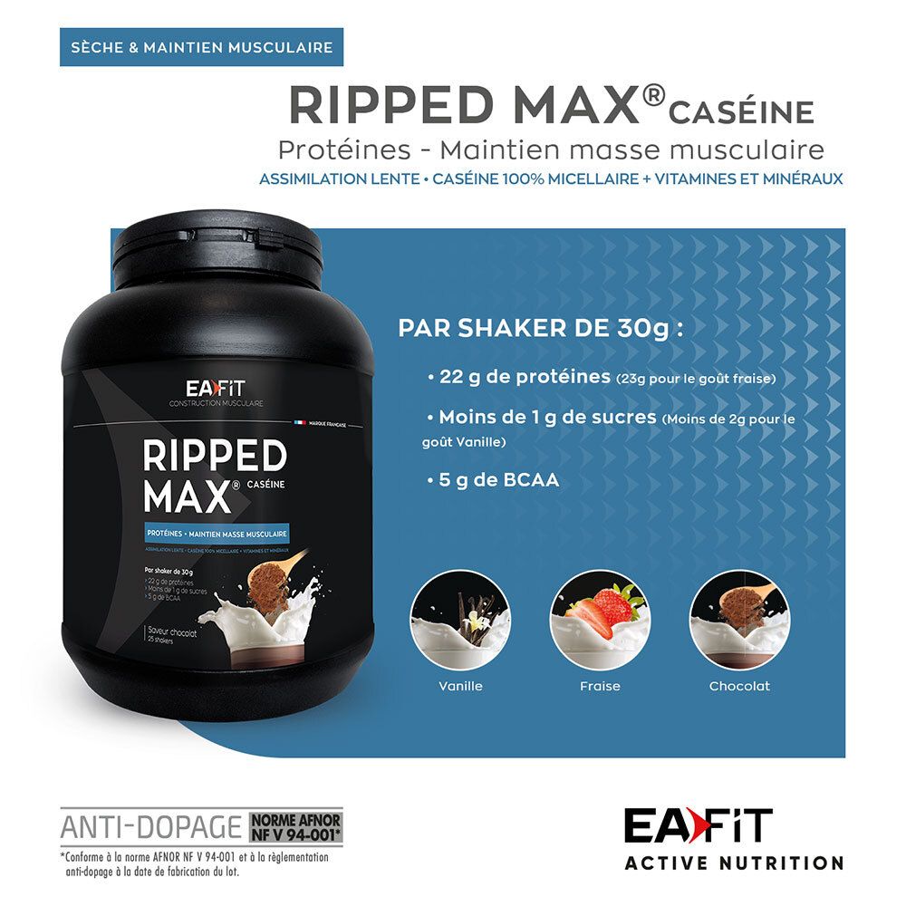 EA FIT Ripped Max Caséine Vanille : Protéines pour le muscle. 22g de protéines par portion. Images vanille, fraise, chocolat.