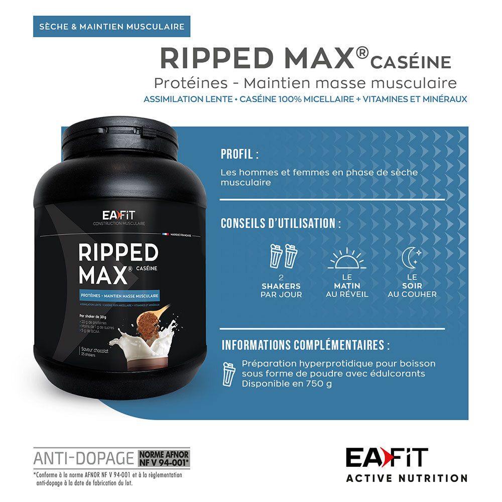 EA FIT Ripped Max Caséine : Informations sur le profil, l'utilisation et les valeurs nutritionnelles. Pot de 750g.