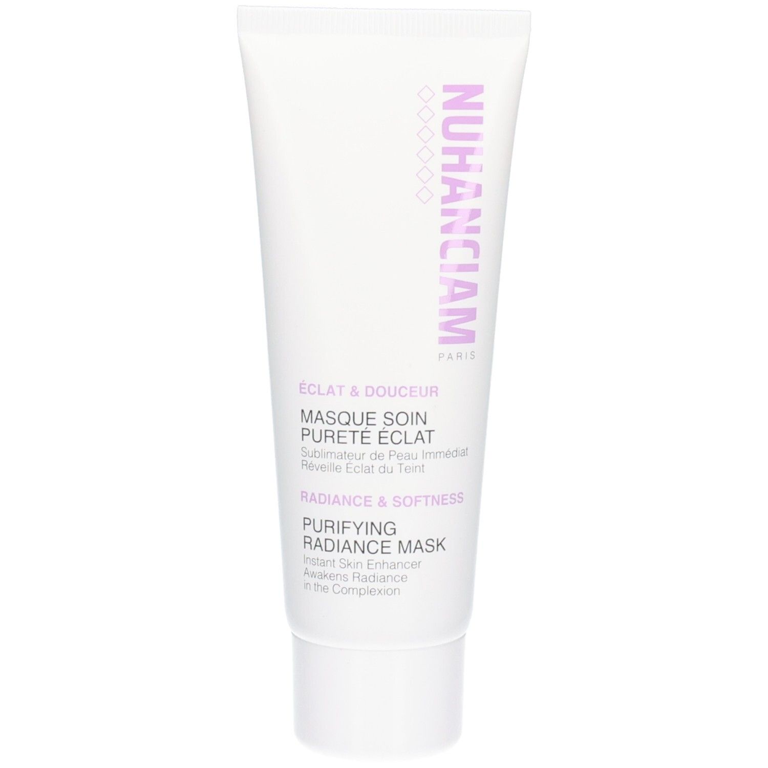 Tube blanc avec logo Nuhanciam Paris et informations produit pour un masque visage.
