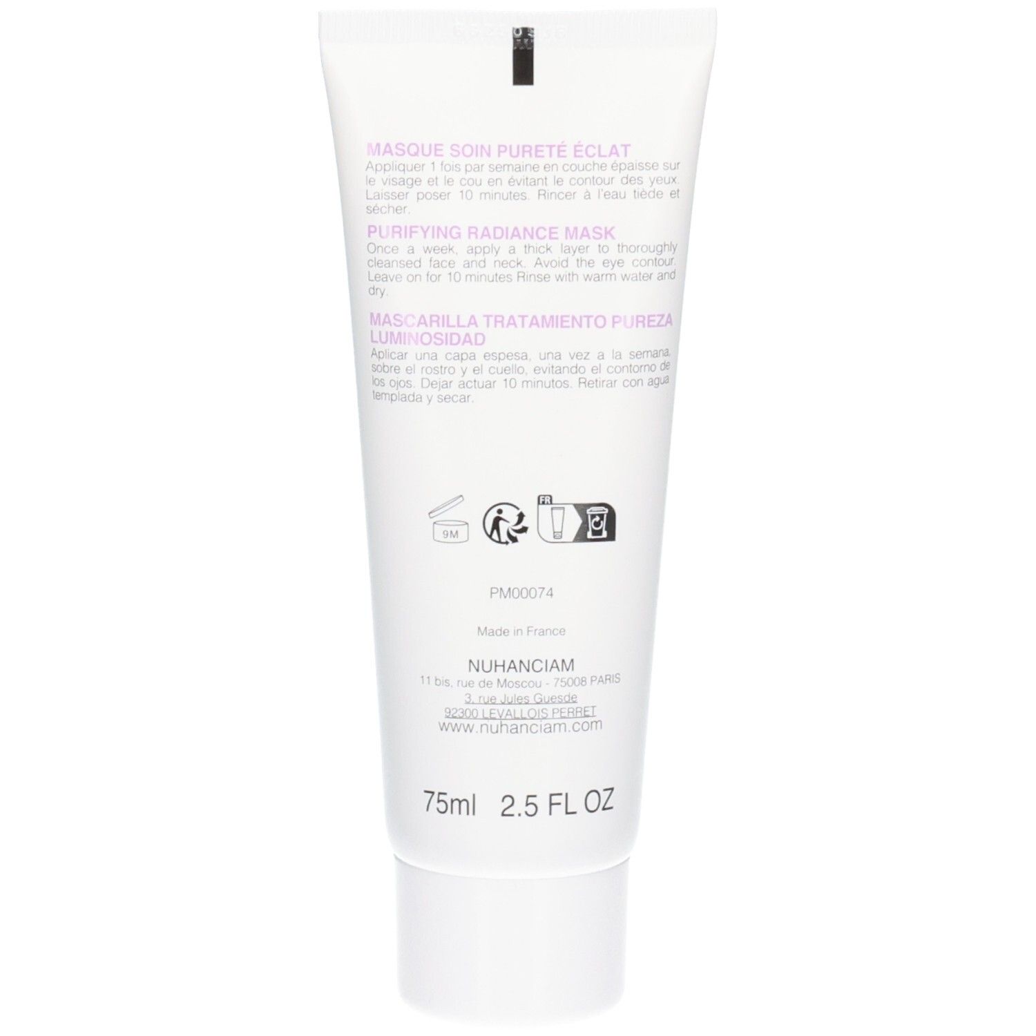 Arrière d'un tube blanc avec informations produit Nuhanciam Paris, ingrédients et instructions.