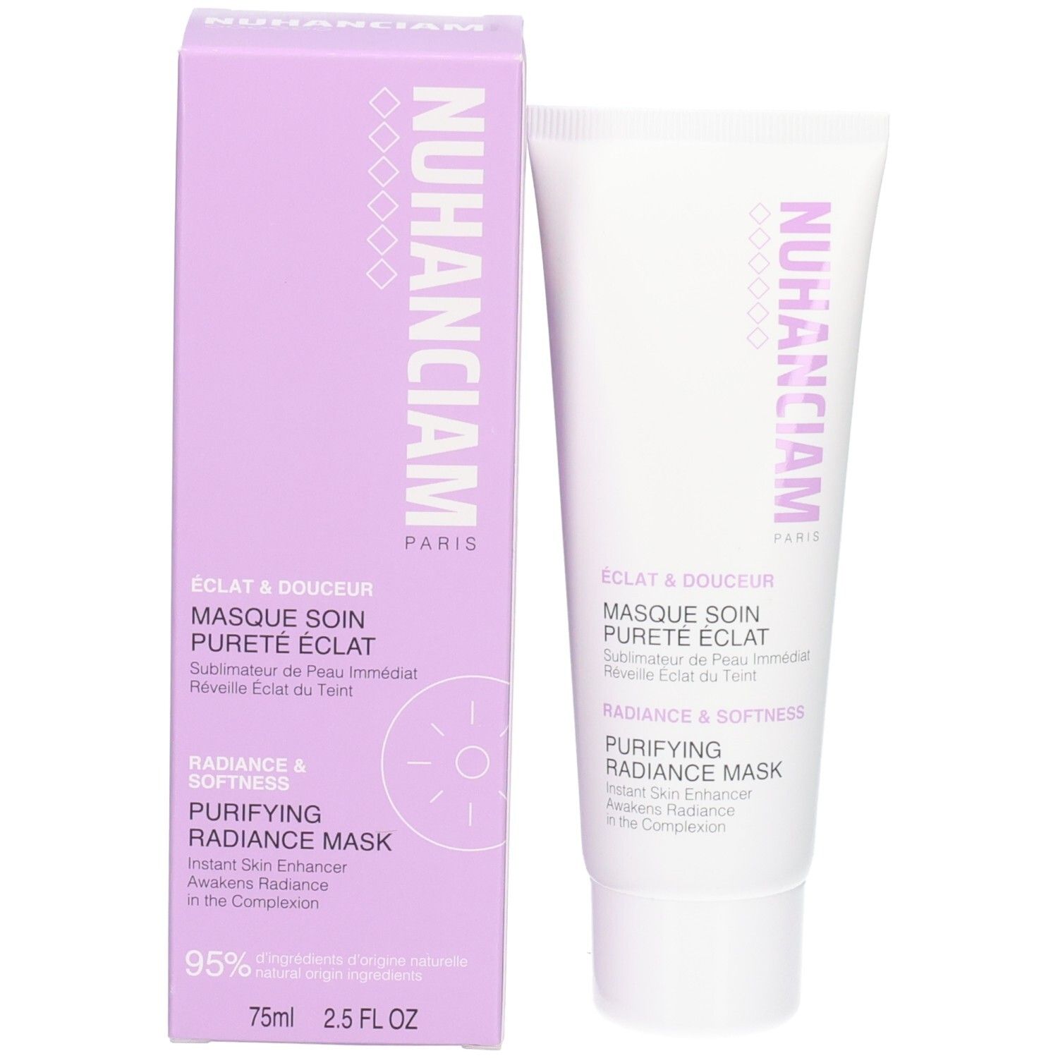 Masque visage Nuhanciam Masque Soin Pureté Éclat en tube blanc et sa boîte violette assortie.