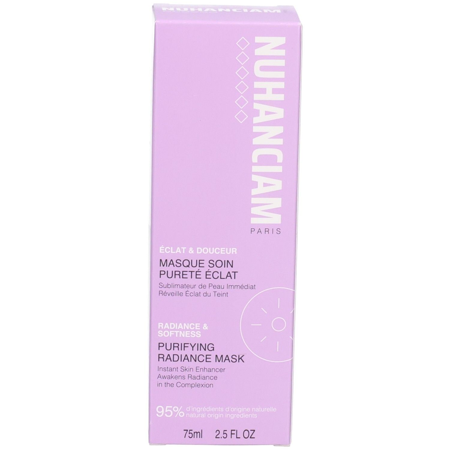 Boîte violette du masque visage Nuhanciam avec nom du produit et informations.