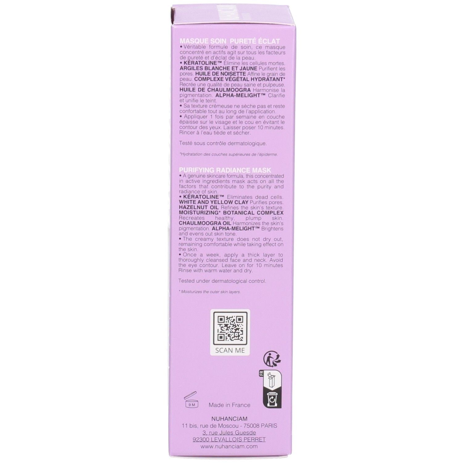 Côté de la boîte violette avec ingrédients détaillés et instructions d'utilisation du masque Nuhanciam.