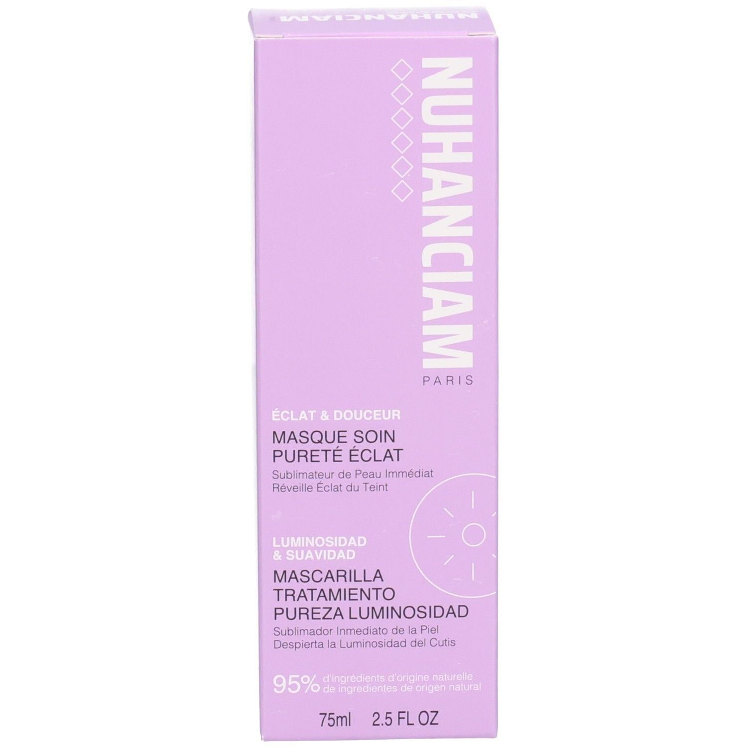 Boîte violette du masque visage Nuhanciam avec informations produit en espagnol et anglais.