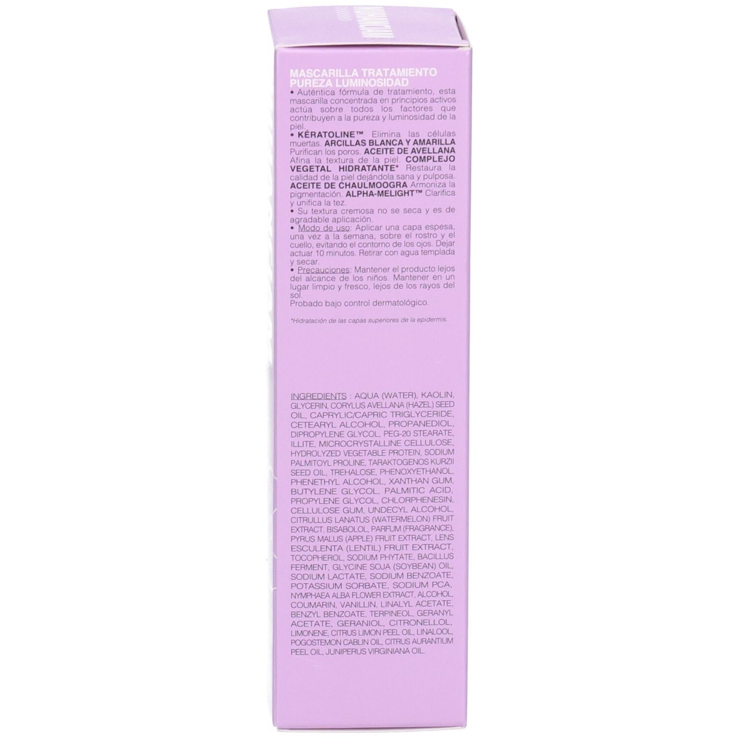 Arrière de la boîte violette avec ingrédients détaillés et instructions d'utilisation du masque Nuhanciam.