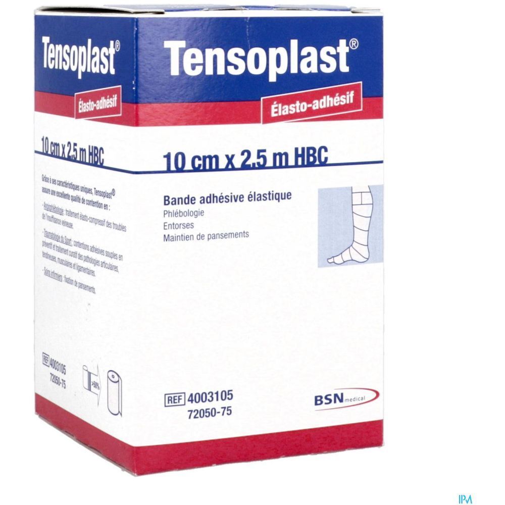 Emballage de TENSOPLAST, bande adhésive élastique. Inscription: 10 cm x 2,5 m HBC. Illustration d'un pied et d'un rouleau.