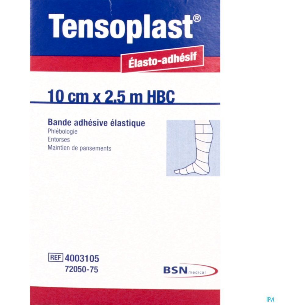 Bande adhésive élastique TENSOPLAST, 10 cm x 2,5 m. Inscription: Bande adhésive élastique. Illustration d'un pied bandé.