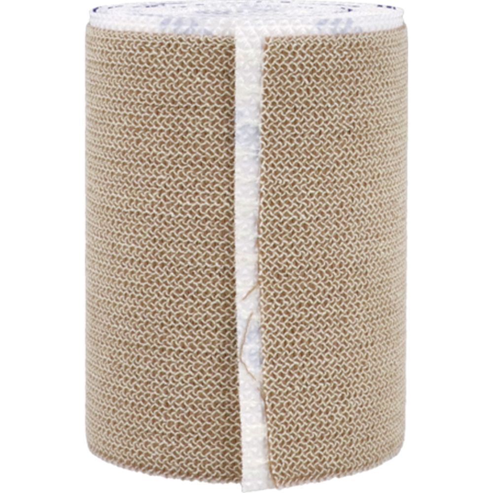 Bande adhésive élastique beige. Rouleau avec bande centrale blanche. Texture tissée.