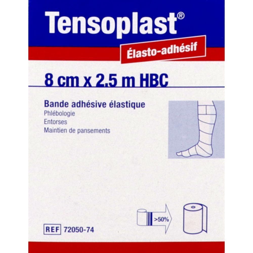 Emballage Tensoplast. 8 cm x 2,5 m HBC. Bande adhésive élastique. Illustration jambe.