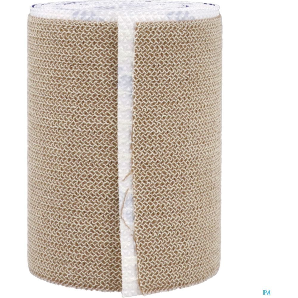 Bande adhésive élastique beige. Rouleau avec bande centrale blanche. Texture tissée.