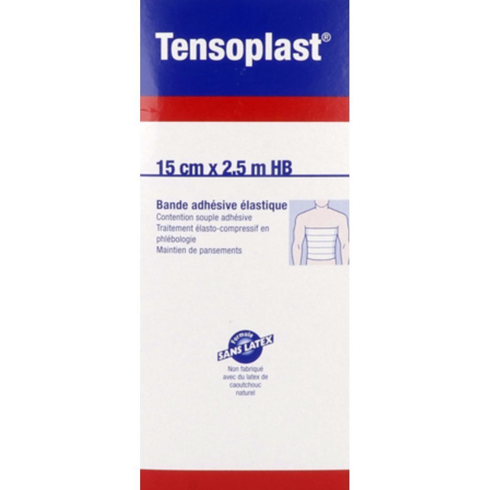 Emballage de la bande élastique TENSOPLAST. Informations produit, dimensions 15 cm x 2,5 m, et logo Sans Latex.