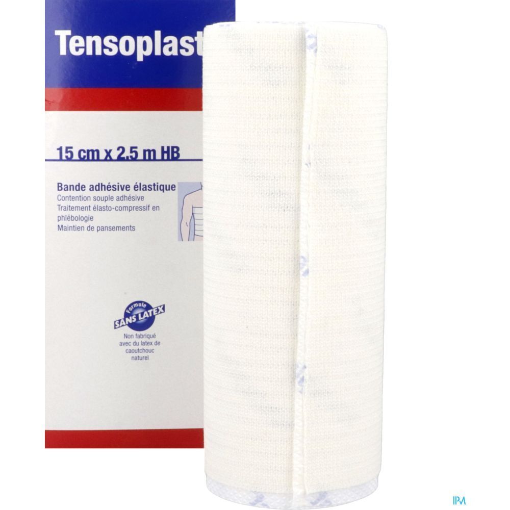 Bande adhésive élastique TENSOPLAST, 15 cm x 2,5 m. Emballage avec informations produit et logo Sans Latex.