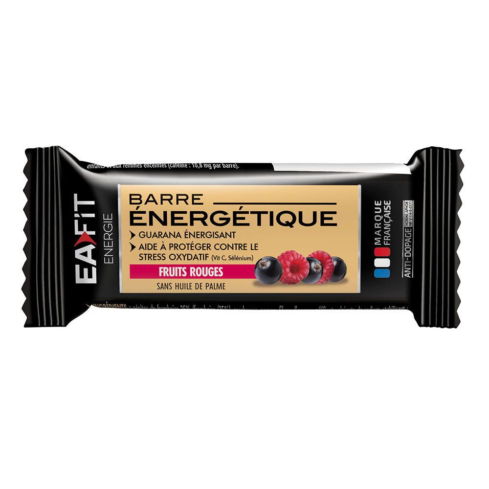 Barre énergétique emballée en noir. Inscription: BARRE ÉNERGÉTIQUE, Fruits rouges, logo EA Fit. Illustration de fruits rouges.