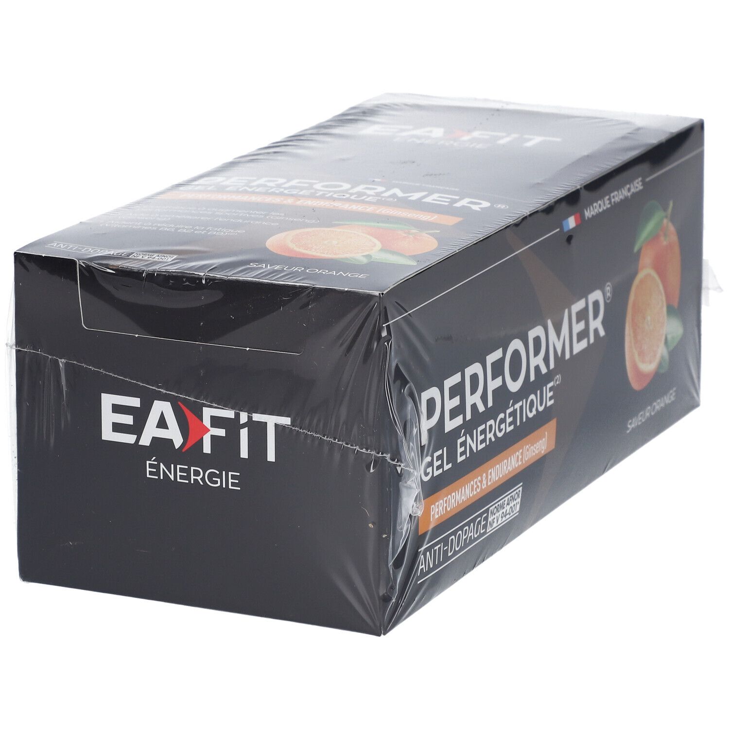 Boîte noire EA FIT. Inscription PERFORER, gel énergétique. Saveur orange. Marque française. Emballage plastique.