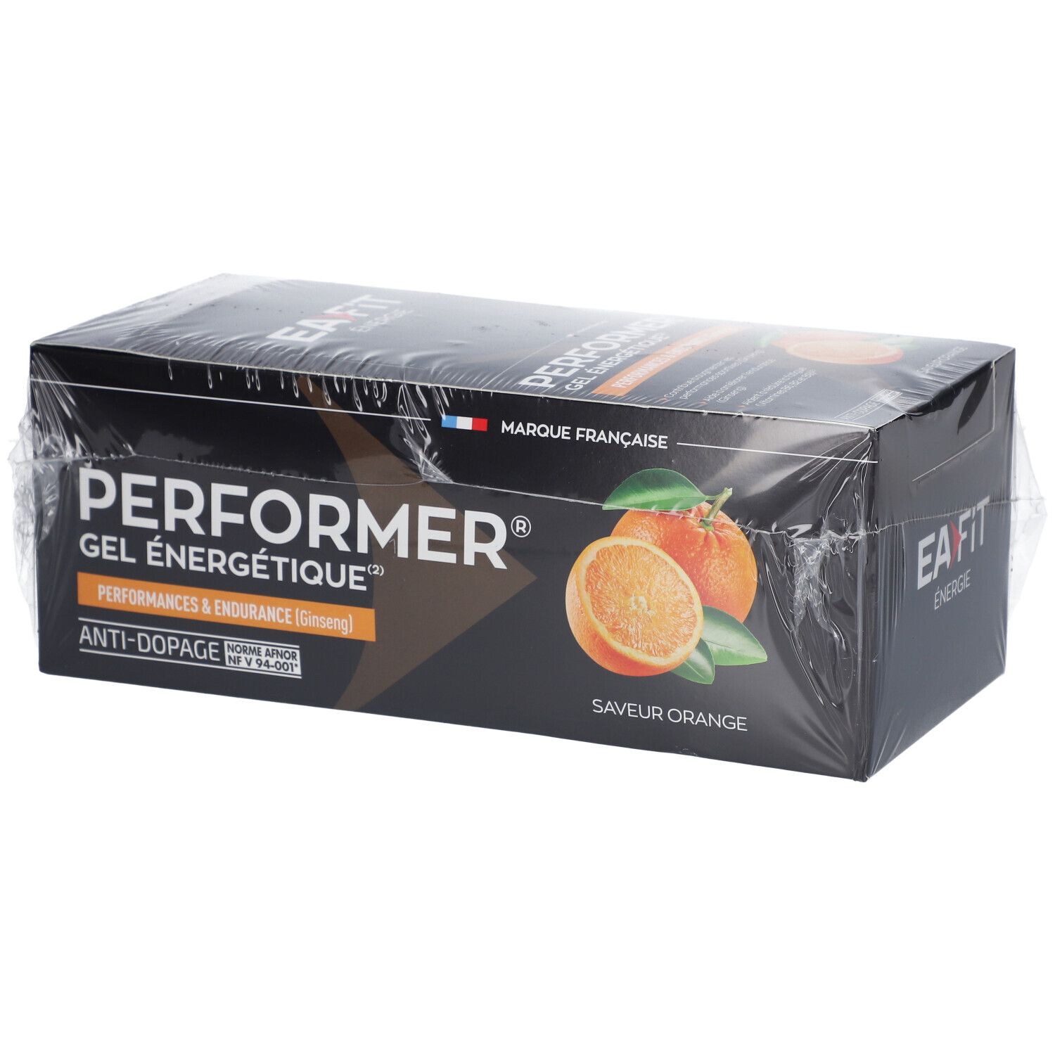 Boîte noire PERFORER, gel énergétique. Saveur orange. Illustration d'oranges. Marque française. Emballage.