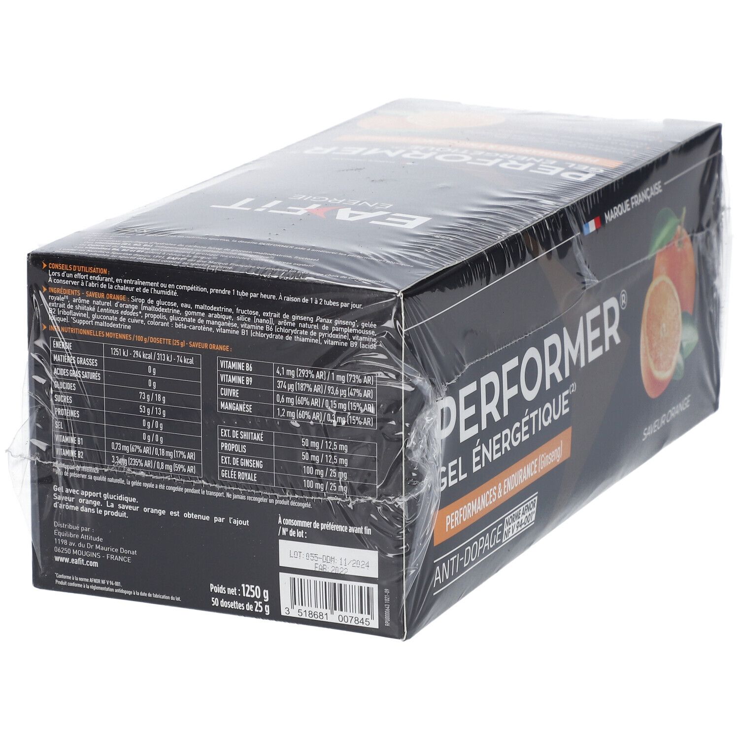 Boîte noire PERFORER, gel énergétique. Saveur orange. Tableau nutritionnel. Marque française. Emballage.