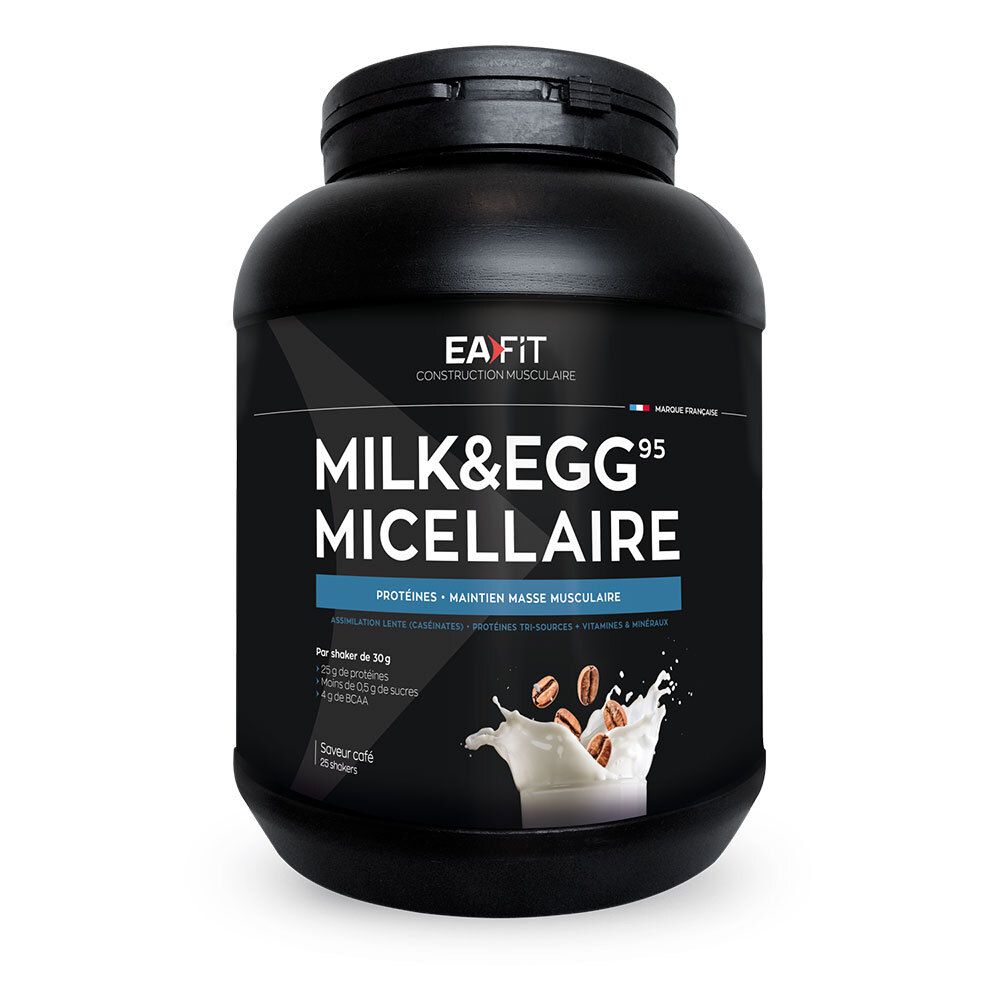 Pot noir EA Fit Milk&Egg 95 Mizellen Kaffee Frappé. Texte principal : MILK&EGG 95 MICELAIRE. Protéines, maintien masse musculaire.