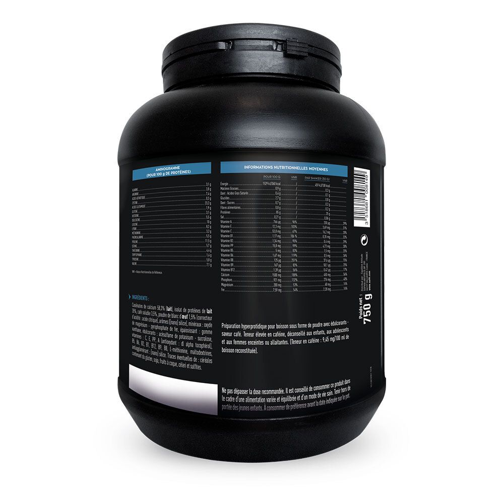 Dos du pot noir EA Fit Milk&Egg 95 Mizellen Kaffee Frappé. Informations nutritionnelles et ingrédients.