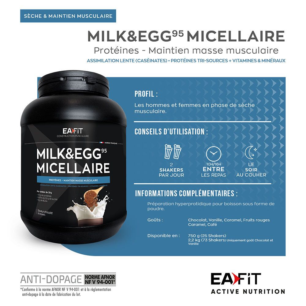 Pot EA Fit Milk&Egg 95 Mizellen Kaffee Frappé avec informations. Texte : Protéines, masse musculaire, utilisation.