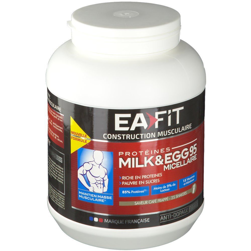 Pot blanc EA Fit Milk&Egg 95 Mizellen Kaffee Frappé. Texte : Protéines, masse musculaire, moins de sucre, café frappé.