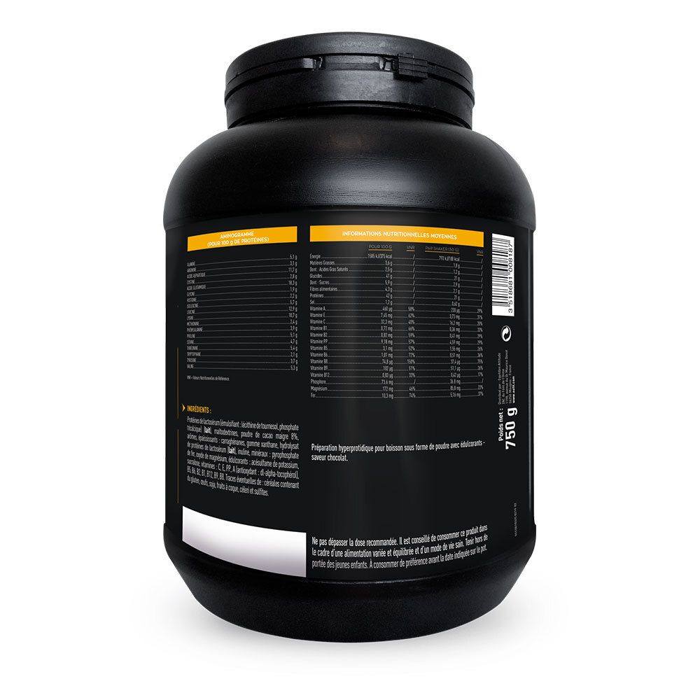 Dos du pot noir EA Fit Whey Gainer. Contient informations nutritionnelles et liste des ingrédients. 750 g.