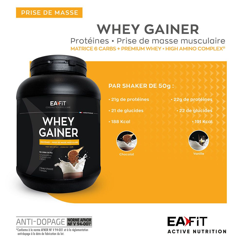 Pot EA Fit Whey Gainer avec fond jaune. Contient informations nutritionnelles pour saveurs chocolat et vanille.